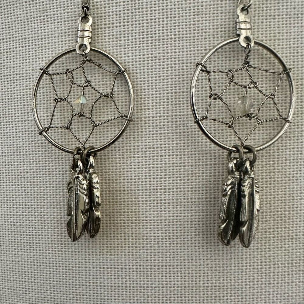 Silver-Tone Dreamcatcher Earrings – Crystal Bead Center & Feather Charms